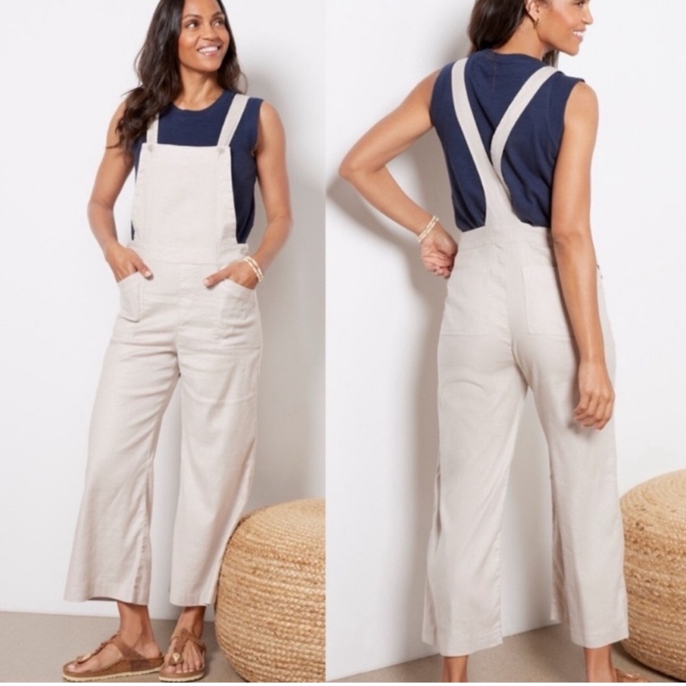 Evereve Beth Coastal Linen Blend Wide Leg Crop Overalls Cream Size 24